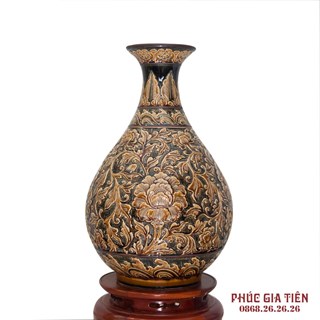 Tỳ bà như ý khắc nổi hoa dây cao 58cm