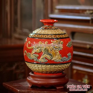 Bình hút lộc song linh chiêu tài, nền đỏ, cao 20cm