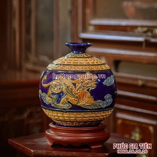 Bình hút lộc song linh chiêu tài, nền xanh, cao 20cm