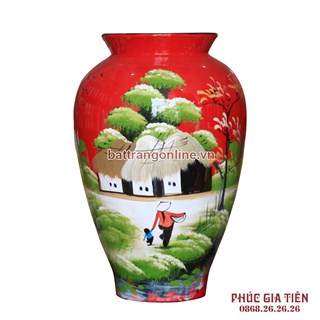 Bình sơn mài đùi dế vẽ cảnh đồng quê nền đỏ cao 28cm