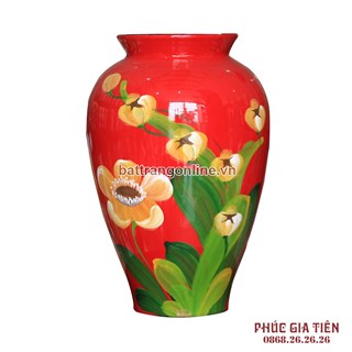 Bình sơn mài đùi dế vẽ hoa đỏ cao 28cm