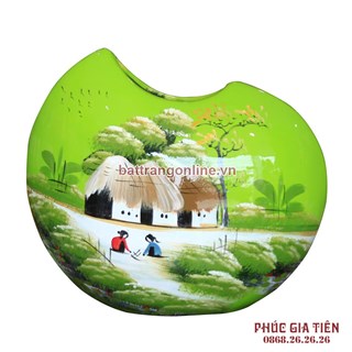 Bình sơn mài dáng vỏ đỗ vẽ cảnh đồng quê nền xanh cao 27cm