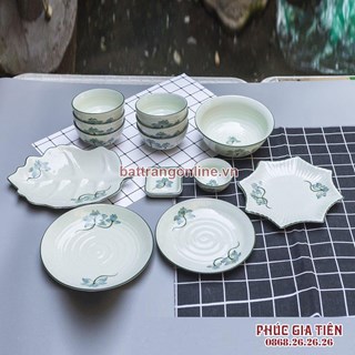 Bộ bát đĩa vẽ sen xanh men kem Bát Tràng