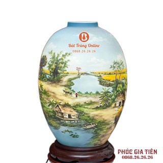 Đèn sứ thấu quang vẽ cảnh đồng quê cao 58cm