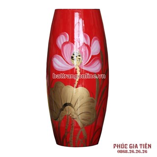 Bình sơn mài bom hoa sen nền đỏ cao 31cm