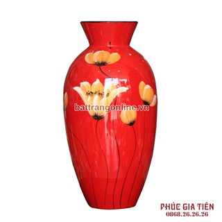 Bình sơn mài dáng thắt vẽ hoa lan nền đỏ cao 33cm