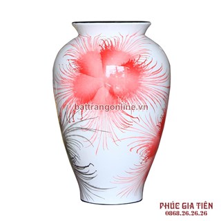 Bình sơn mài đùi dế vẽ hoa bông nền trắng cao 28cm