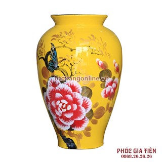 Bình sơn mài đùi dế vẽ hoa mẫu đơn nền vàng cao 28cm