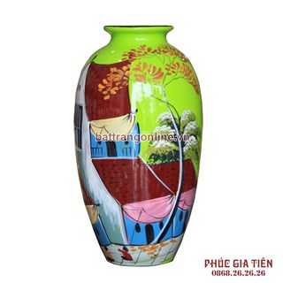 Vò sơn mài vẽ phố cổ nền xanh cao 31cm