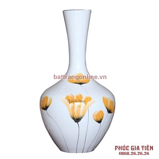 Tỏi sơn mài cổ thẳng vẽ hoa lan nền trắng cao 35cm