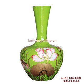 Tỏi sơn mài cổ thẳng vẽ hoa sen nền xanh cao 40cm