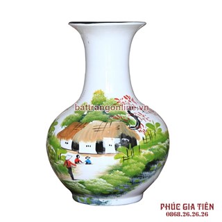 Tỏi sơn mài cổ loe vẽ cảnh đồng quê nền trắng cao 36cm