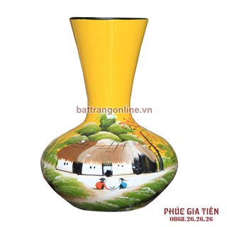 Tỏi sơn mài miệng loe vẽ cảnh đồng quê nền vàng cao 31cm