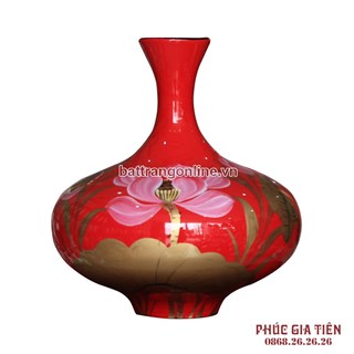 Tỏi sơn mài vẽ hoa sen nền đỏ cao 29cm