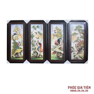 Tranh sứ vẽ tùng cúc trúc mai khung gỗ thông 120cm x 52cm