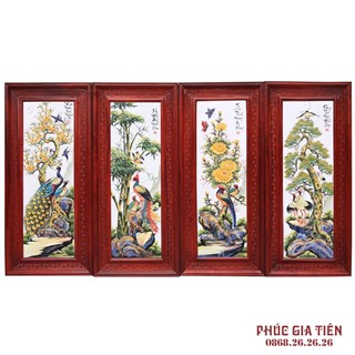 Tranh sứ tùng cúc trúc mai cao cấp, khung gỗ hương 117cm x 52cm