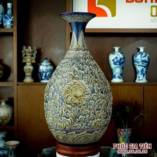 Tỳ bà như ý khắc nổi hoa dây màu xanh cao 73cm