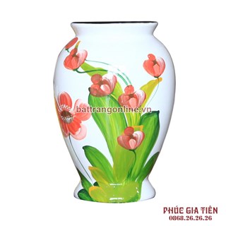 Vò bóng sơn mài chân cao hoa lan đỏ nền trắng cao 26cm