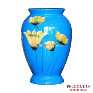 Vò bóng sơn mài chân cao hoa cánh bướm nền xanh cao 26cm