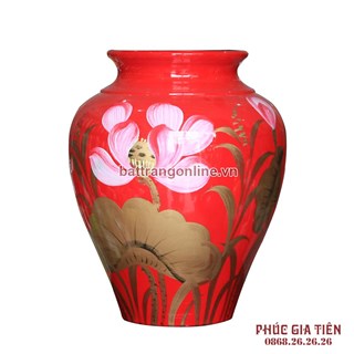 Vò bóng sơn mài ngấn cảnh hoa sen nền đỏ cao 27cm