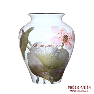 Vò bóng sơn mài ngấn cảnh hoa sen nền trắng cao 27cm